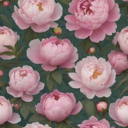 Update the previously designed floral wallpaper: Now incorporate abundant, lush peonies amongst the current flowers