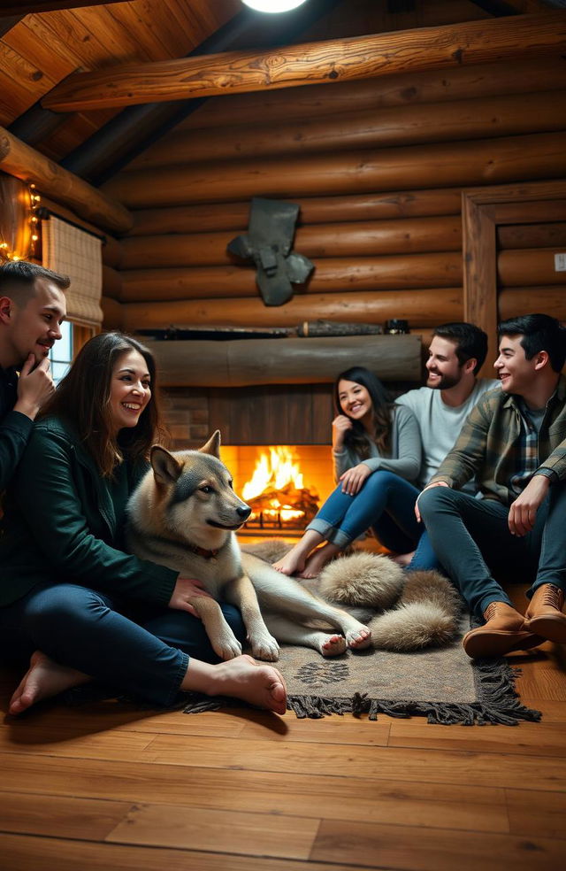 A cozy cabin scene featuring a group of five friends relaxing together on the wooden floor by a warm fireplace