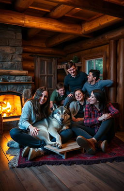A cozy cabin scene featuring a group of five friends relaxing together on the wooden floor by a warm fireplace
