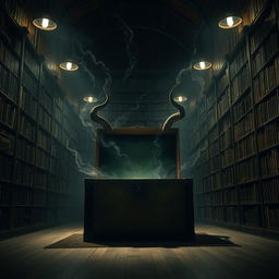 A chilling library scene infused with an atmosphere of fear and anticipation