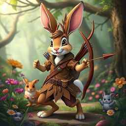 A charming Jackalope rabbit ranger character inspired by the classic Disney 'Robin Hood' animation style