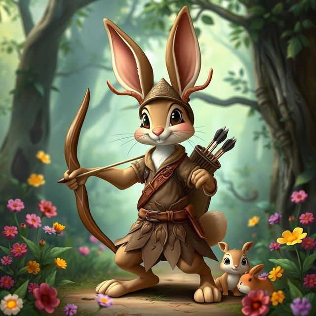 A charming Jackalope rabbit ranger character inspired by the classic Disney 'Robin Hood' animation style