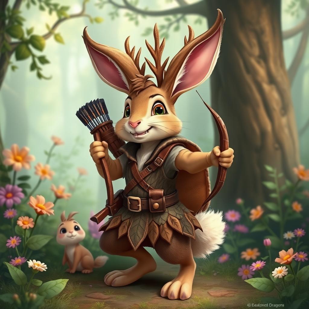 A charming Jackalope rabbit ranger character inspired by the classic Disney 'Robin Hood' animation style