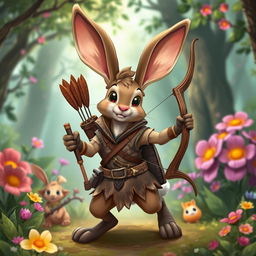 A charming Jackalope rabbit ranger character inspired by the classic Disney 'Robin Hood' animation style