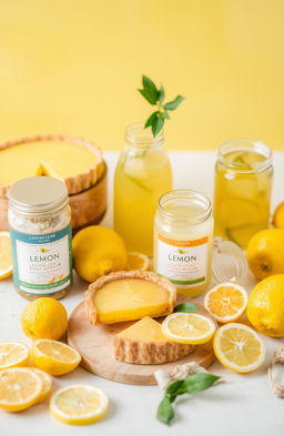 A beautifully arranged table featuring various lemon-based recipes and health products