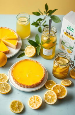 A beautifully arranged table featuring various lemon-based recipes and health products