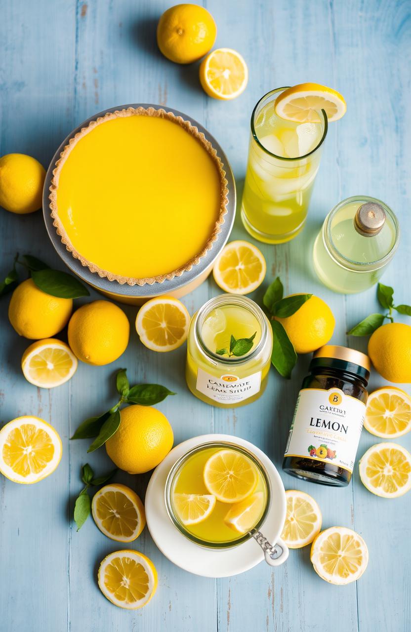 A beautifully arranged table featuring various lemon-based recipes and health products