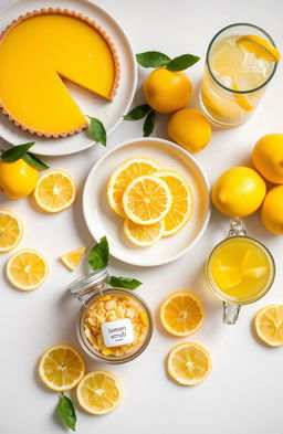 A beautifully arranged table featuring various lemon-based recipes and health products