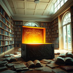 A bright and intriguing library scene infused with a sense of suspense and fear