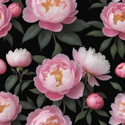 Update the flowering wallpaper design: Add the richness of blooming peonies and set them against a stark black background to bring out their vivid colors and exquisite details