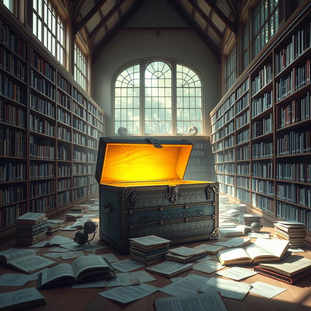 A bright and intriguing library scene infused with a sense of suspense and fear