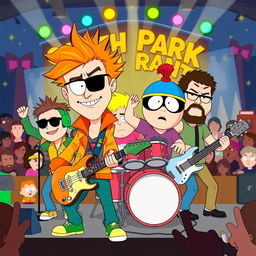 A colorful and playful illustration of a rock band inspired by the animated series South Park