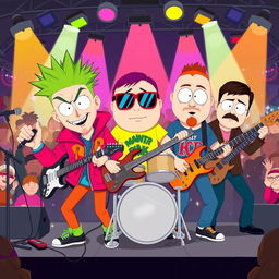 A colorful and playful illustration of a rock band inspired by the animated series South Park