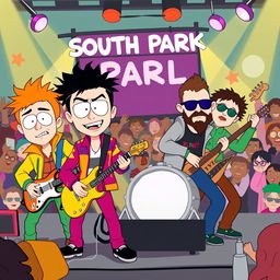 A colorful and playful illustration of a rock band inspired by the animated series South Park