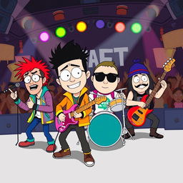 A colorful and playful illustration of a rock band inspired by the animated series South Park