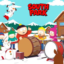 A vibrant, cartoonish scene featuring a group of characters playing drums in a lively South Park style