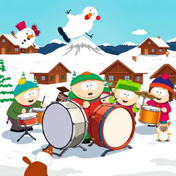 A vibrant, cartoonish scene featuring a group of characters playing drums in a lively South Park style