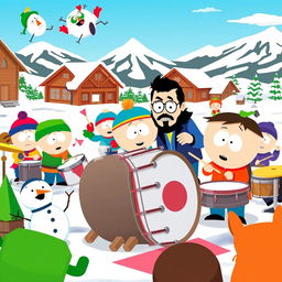 A vibrant, cartoonish scene featuring a group of characters playing drums in a lively South Park style