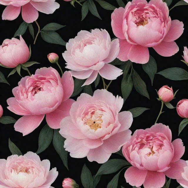 Update the flowering wallpaper design: Add the richness of blooming peonies and set them against a stark black background to bring out their vivid colors and exquisite details