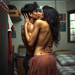A sensual depiction of a college girl inspired by Nushrat Bharucha, dressed in a low waist chiffon short skirt, passionately making out with her male classmate in a boys' hostel room