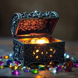 A beautifully crafted iron chest, intricately designed with ornate patterns and a gleaming finish, sitting open to reveal a glowing heart inside