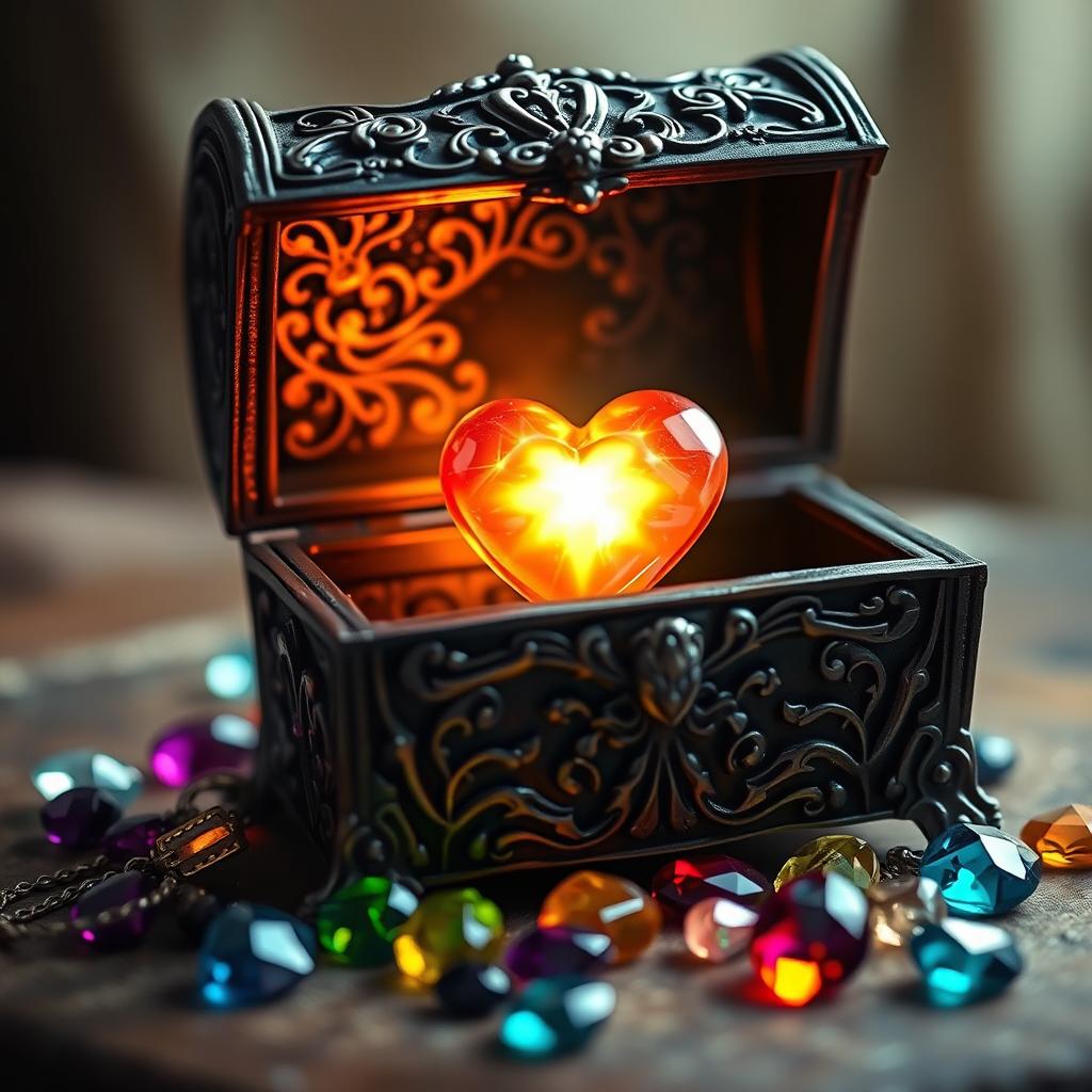 A beautifully crafted iron chest, intricately designed with ornate patterns and a gleaming finish, sitting open to reveal a glowing heart inside