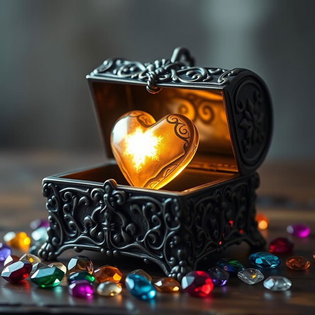 A beautifully crafted iron chest, intricately designed with ornate patterns and a gleaming finish, sitting open to reveal a glowing heart inside