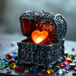 A beautifully crafted iron chest, intricately designed with ornate patterns and a gleaming finish, sitting open to reveal a glowing heart inside