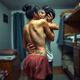 A sensual depiction of a college girl inspired by Nushrat Bharucha, dressed in a low waist chiffon short skirt, passionately making out with her male classmate in a boys' hostel room