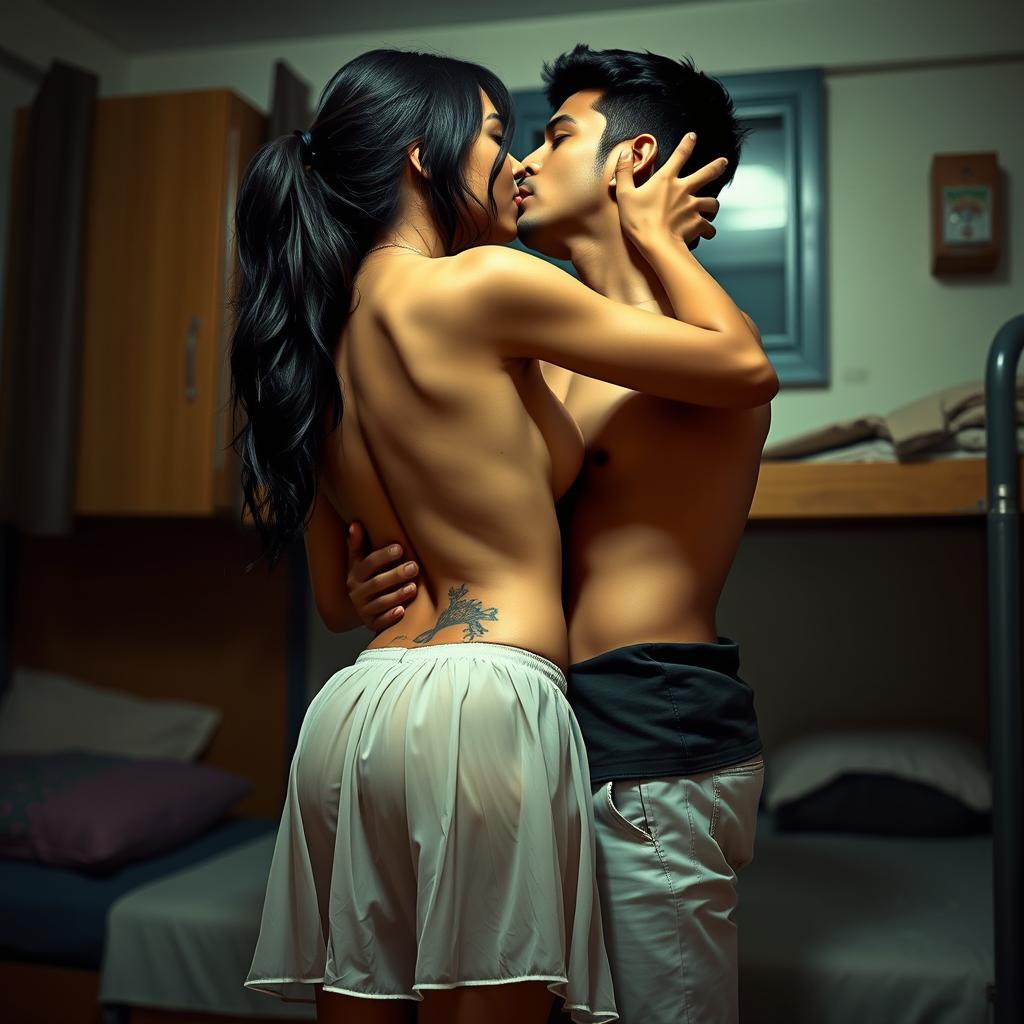 A sensual depiction of a college girl inspired by Nushrat Bharucha, dressed in a low waist chiffon short skirt, passionately making out with her male classmate in a boys' hostel room