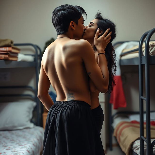 A sensual depiction of a college girl inspired by Nushrat Bharucha, dressed in a low waist chiffon short skirt, passionately making out with her male classmate in a boys' hostel room