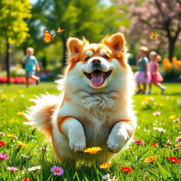 A joyful, plump dog exuding happiness, its fluffy fur shining in the sunlight