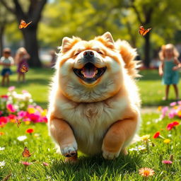 A joyful, plump dog exuding happiness, its fluffy fur shining in the sunlight