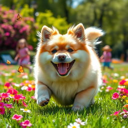 A joyful, plump dog exuding happiness, its fluffy fur shining in the sunlight