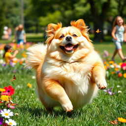 A joyful, plump dog exuding happiness, its fluffy fur shining in the sunlight