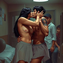 A sensual depiction of a college girl inspired by Nushrat Bharucha, wearing a low waist chiffon short skirt, engaged in a passionate kiss with her male classmate in front of other guys at a boys' hostel