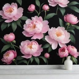 Revise the floral wallpaper design: Enlarge the bloomed peonies against a sleek black background, making them the distinct centerpiece