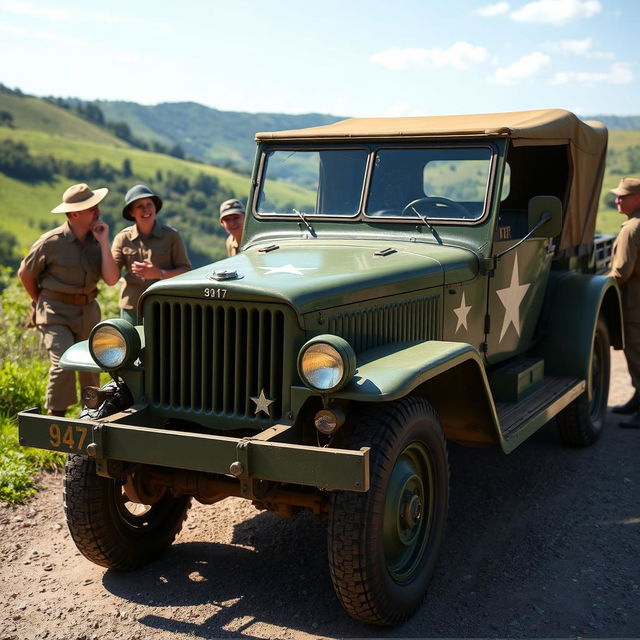 An antique green military vehicle parked in a scenic outdoor setting, surrounded by lush greenery and rolling hills