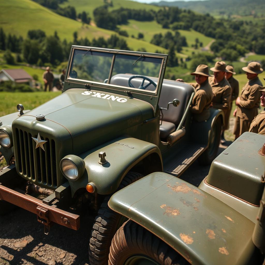 An antique green military vehicle parked in a scenic outdoor setting, surrounded by lush greenery and rolling hills