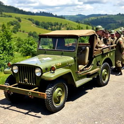An antique green military vehicle parked in a scenic outdoor setting, surrounded by lush greenery and rolling hills