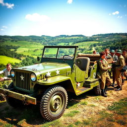 An antique green military vehicle parked in a scenic outdoor setting, surrounded by lush greenery and rolling hills