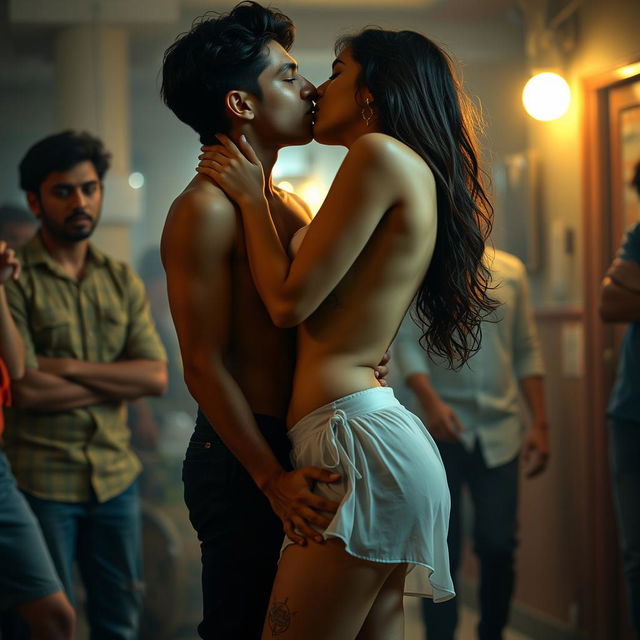 A sensual and intimate scene featuring a college girl inspired by Nushrat Bharucha, wearing a low waist chiffon short skirt