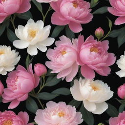 Revise the floral wallpaper design: Enlarge the bloomed peonies against a sleek black background, making them the distinct centerpiece