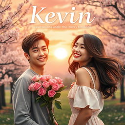 A romantic movie poster for 'Kevin: A Love Story', featuring a handsome young man named Kevin, with warm brown hair and a charming smile