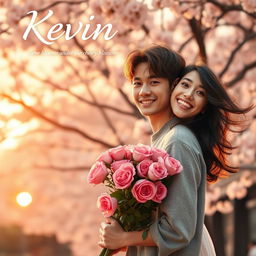 A romantic movie poster for 'Kevin: A Love Story', featuring a handsome young man named Kevin, with warm brown hair and a charming smile
