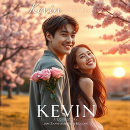 A romantic movie poster for 'Kevin: A Love Story', featuring a handsome young man named Kevin, with warm brown hair and a charming smile