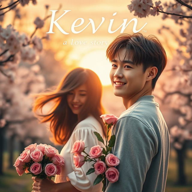 A romantic movie poster for 'Kevin: A Love Story', featuring a handsome young man named Kevin, with warm brown hair and a charming smile