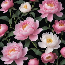 Revise the floral wallpaper design: Enlarge the bloomed peonies against a sleek black background, making them the distinct centerpiece