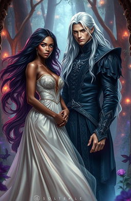 A captivating romance fantasy scene featuring a beautiful black female lead with long flowing hair, dressed in an elegant fantasy gown, standing in a mystical forest