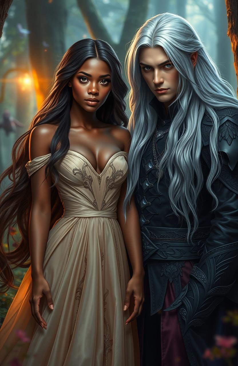 A captivating romance fantasy scene featuring a beautiful black female lead with long flowing hair, dressed in an elegant fantasy gown, standing in a mystical forest